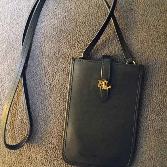 Lauren Ralph Lauren Black Leather Phone Crossbody with Gold Logo - Picture 5 of 7